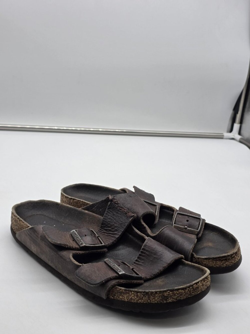 Birkenstock Arizona Sandals Shoes Mens Size 7 Brown Leather Double Strap Damage